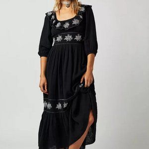 Free People Lovers Lane Maxi Dress Embroidered Floral Ruffles Black Medium New